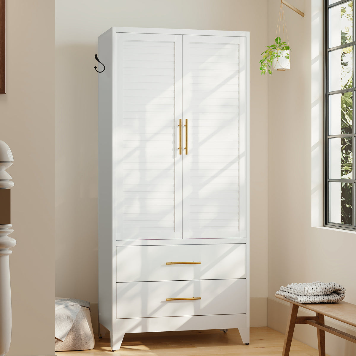Louvered Wardrobe 71 in Chalk in a bright room, doors closed
