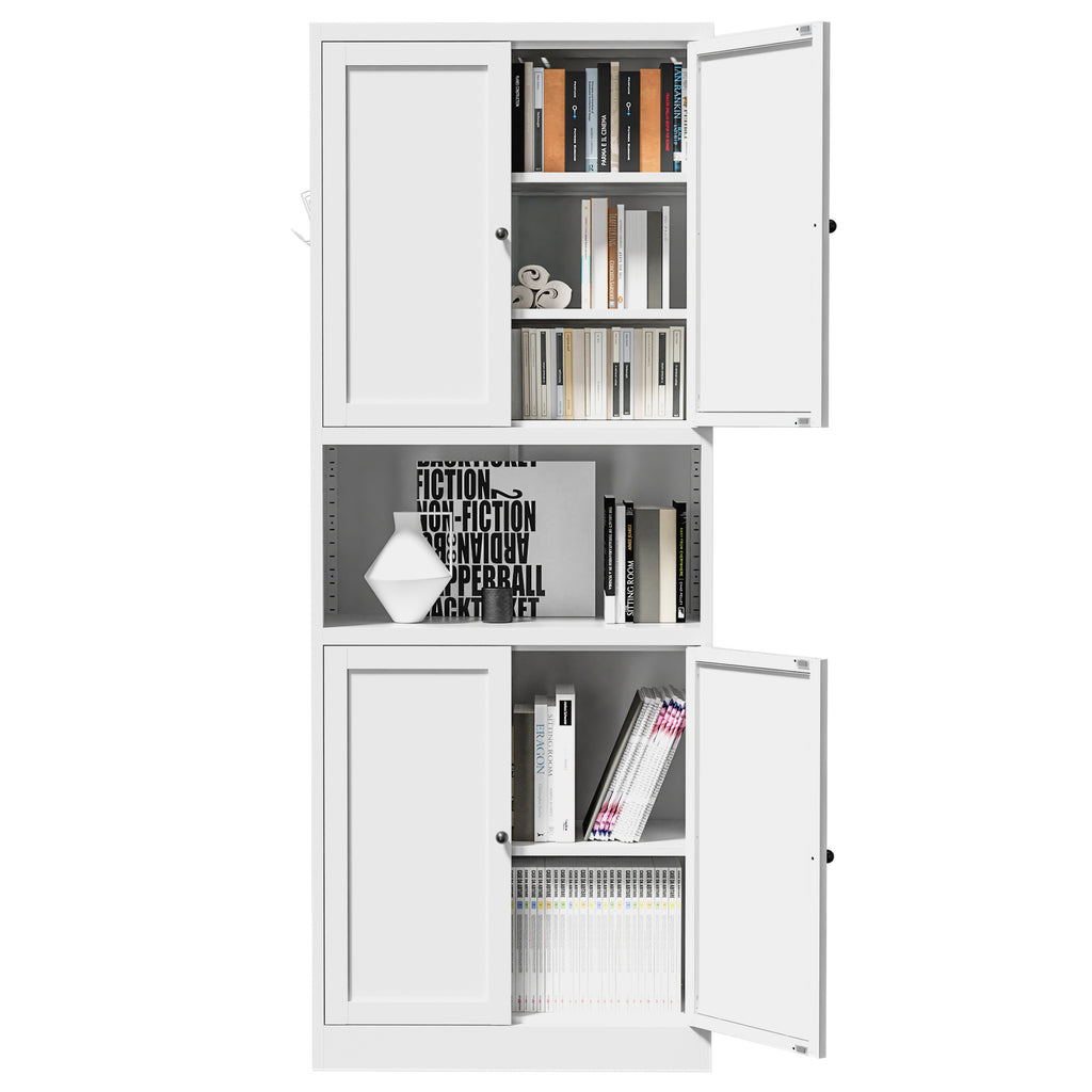 Pantry Hutch 72 in Chalk with the doors open, holding books and decor