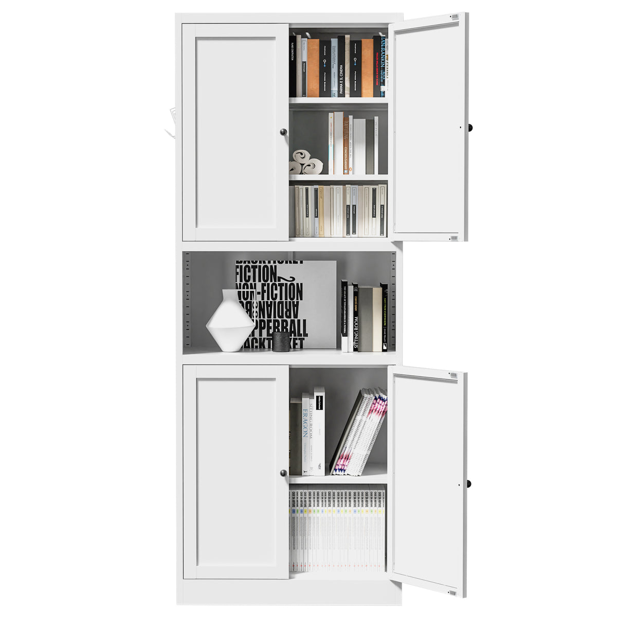 Pantry Hutch 72 in Chalk with the doors open, holding books and decor