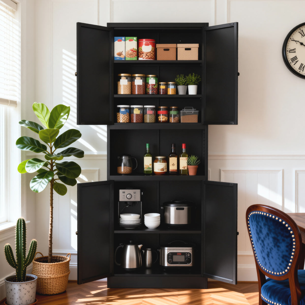 Pantry Hutch 72 in Graphite in a dining room with all four doors open, shelves full of jars and small appliances