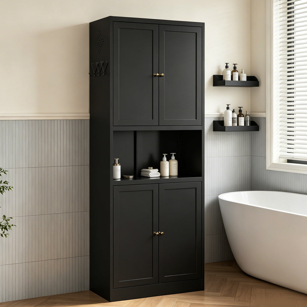 Pantry Hutch 72 in Graphite in a bathroom beside a bathtub, doors closed, toiletries on the open shelf