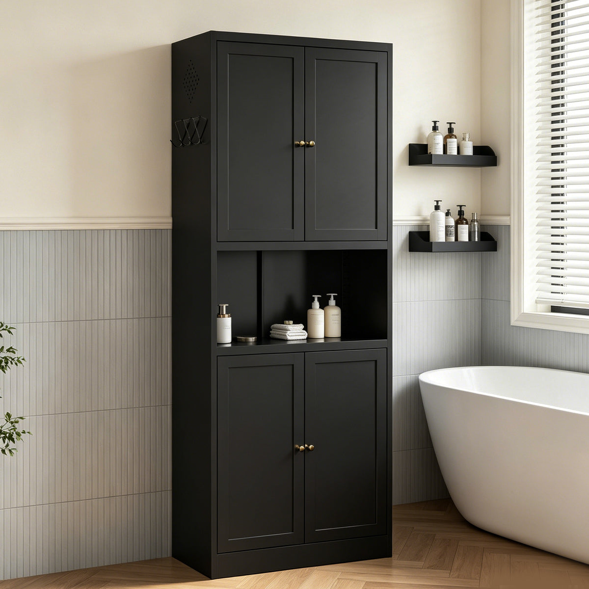 Pantry Hutch 72 in Graphite in a bathroom beside a bathtub, doors closed, toiletries on the open shelf
