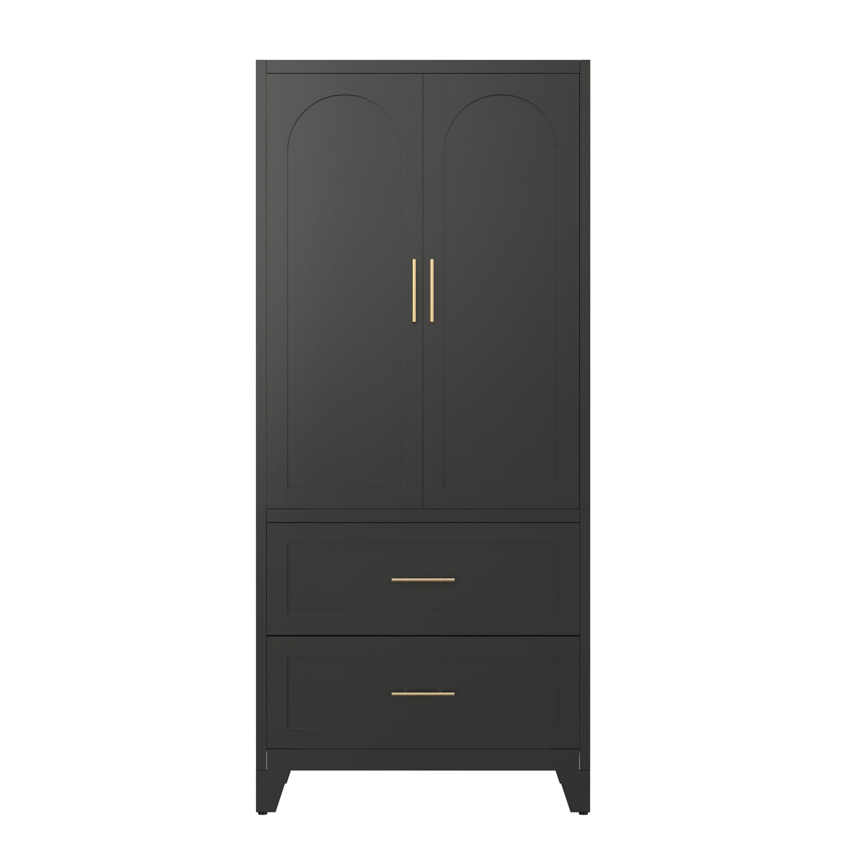 Arch Wardrobe 71 in Graphite, front view with arched doors closed and two drawers