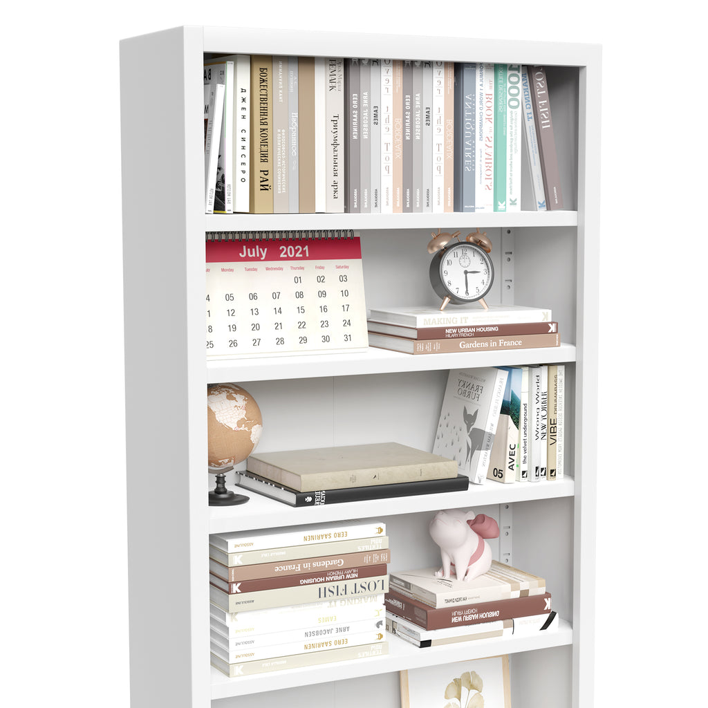 Upper shelves of Bookcase 71 holding books, a calendar and a clock