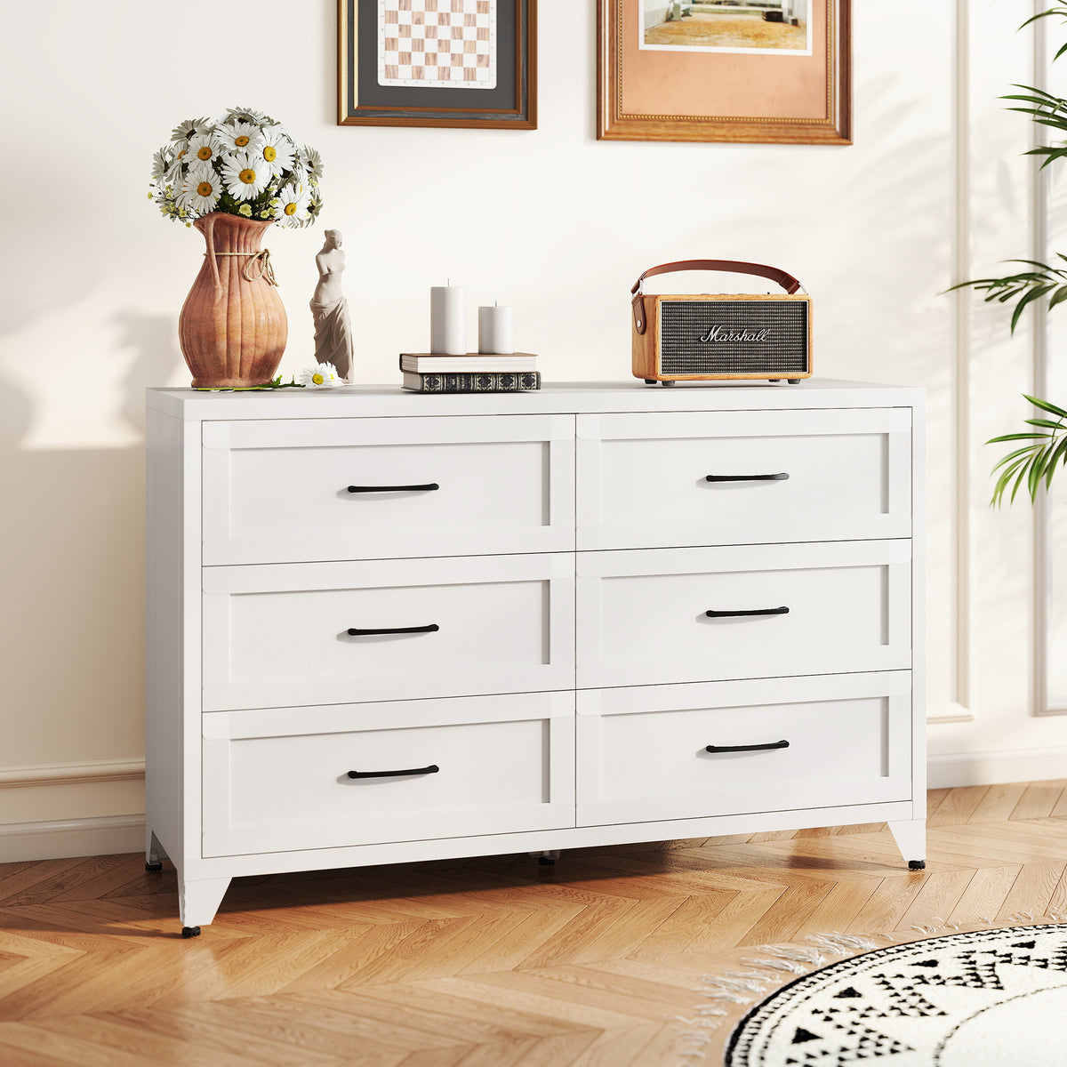 6-Drawer Dresser in a living room with a radio and flowers on top