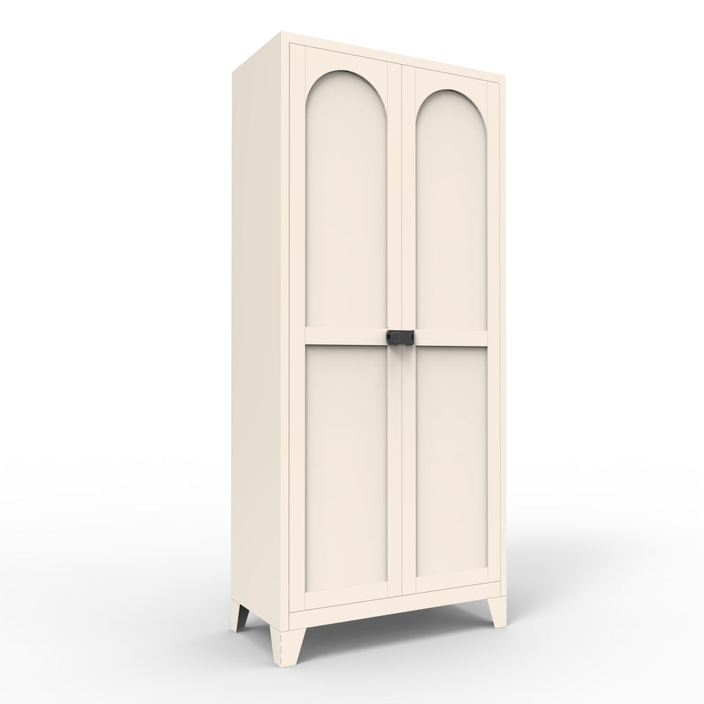Little Arch 71 lockable steel cabinet in Oat (warm beige), front view with arched doors closed