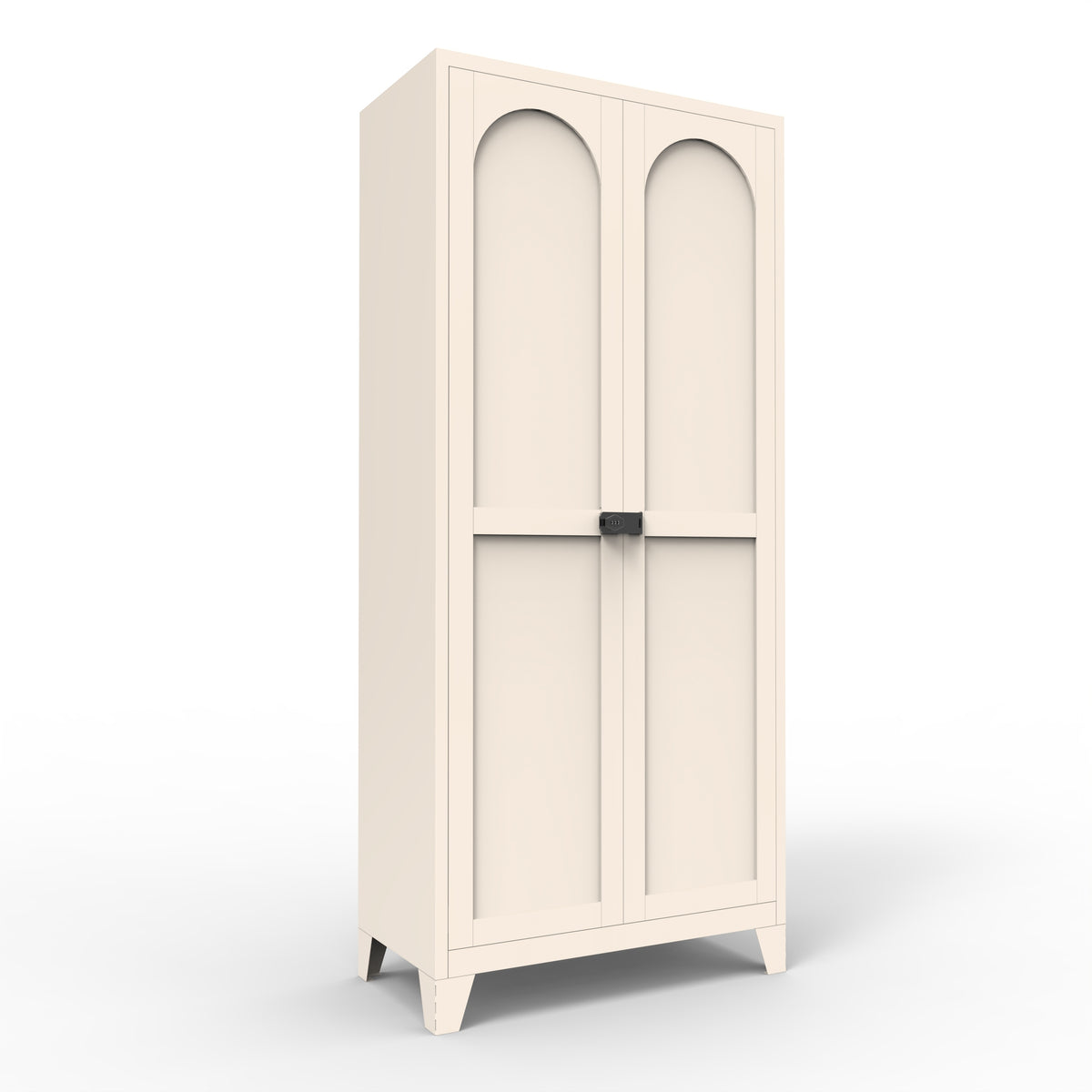 Little Arch 71 lockable steel cabinet in Oat (warm beige), front view with arched doors closed