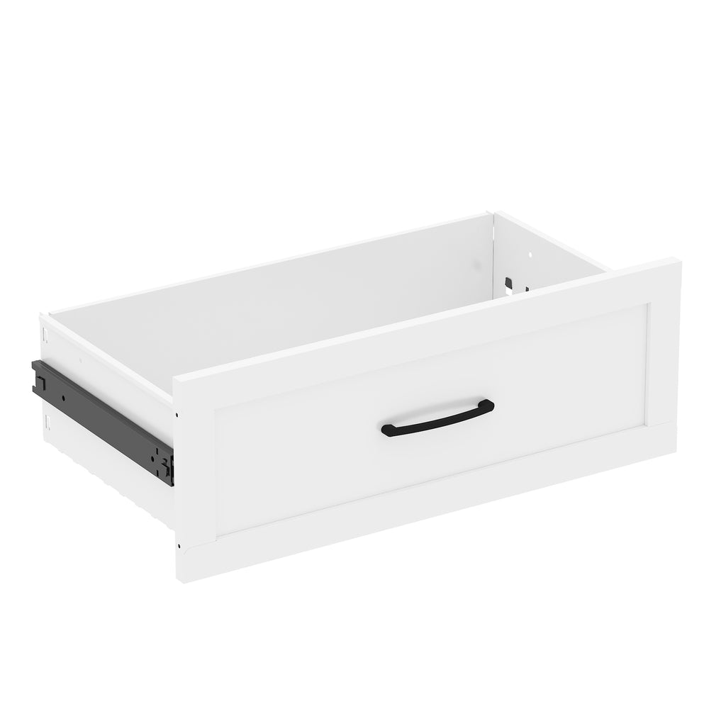 Drawer from 9-Drawer Dresser with a black bar handle and metal rails