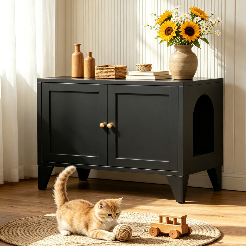 Litter Box Cabinet in Graphite in a living room with flowers on top and a kitten playing in front