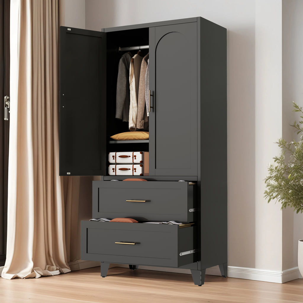 Arch Wardrobe 71 in Graphite with one door and both drawers open