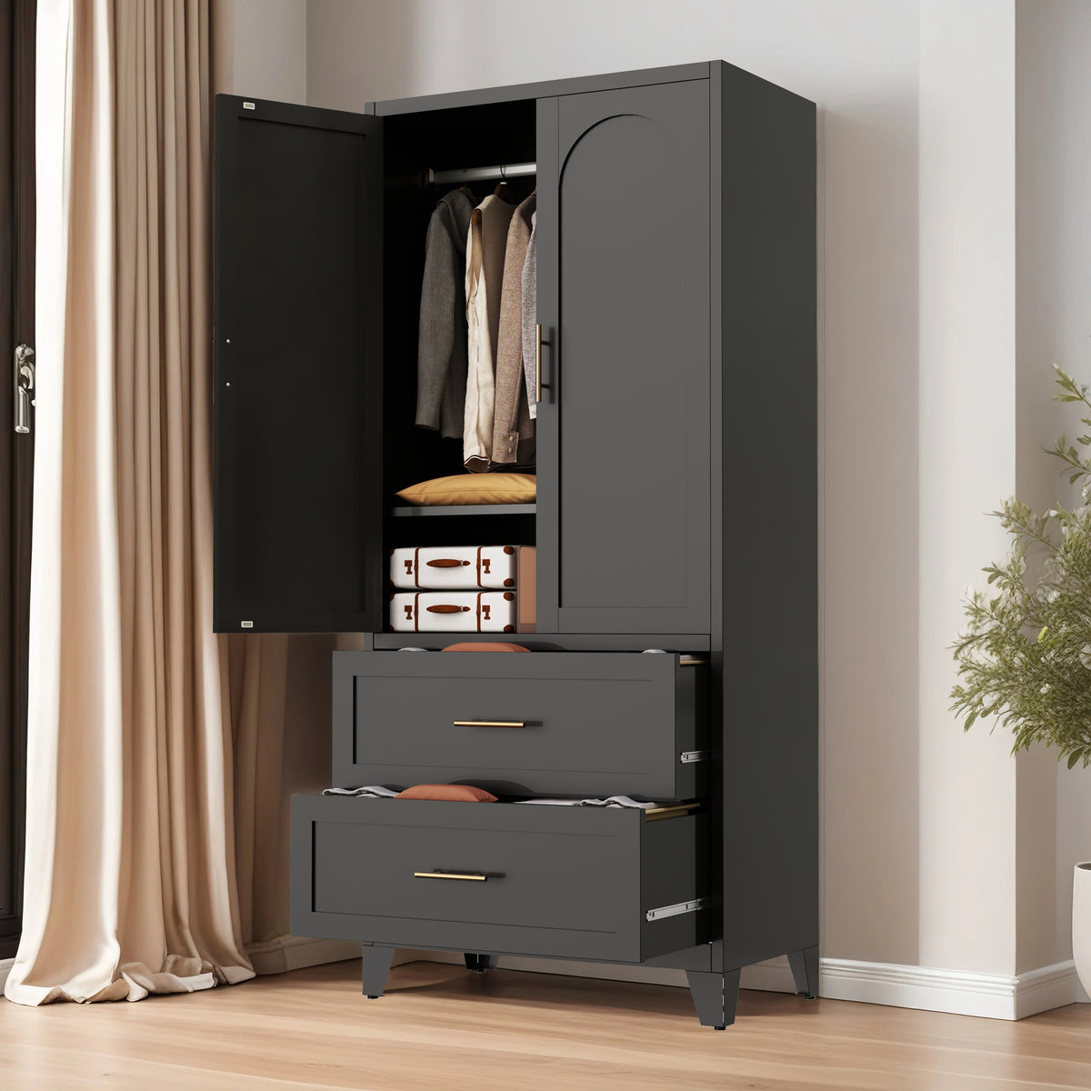 Arch Wardrobe 71 in Graphite with one door and both drawers open