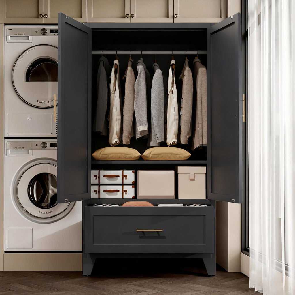 Arch Wardrobe 60 in Graphite with doors open next to a washer and dryer
