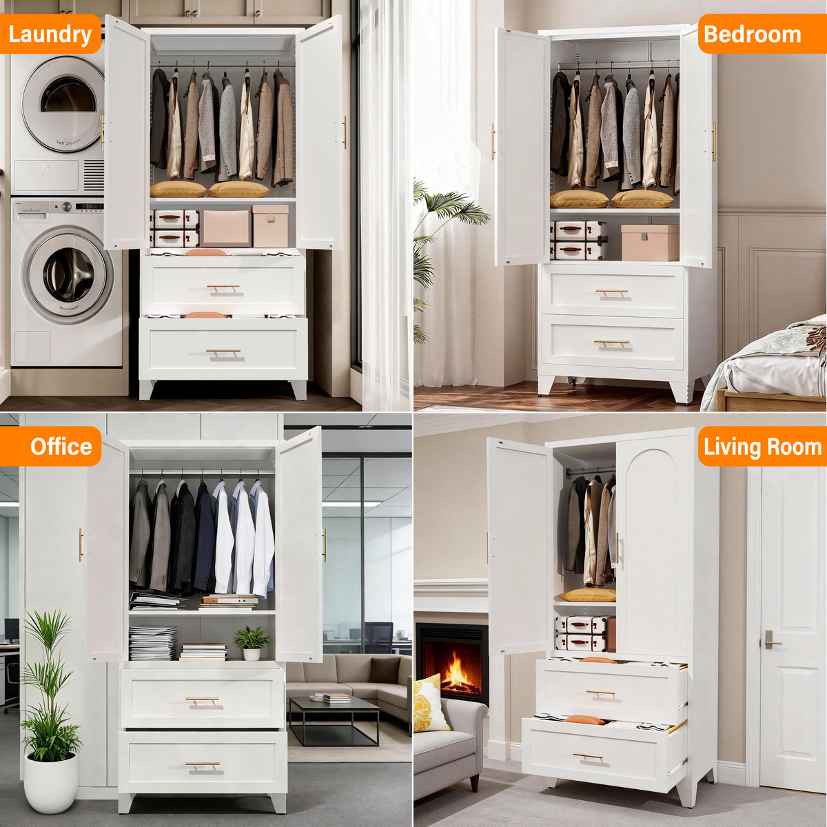 Arch Wardrobe 71 shown in a bedroom, a laundry room, an office and a living room