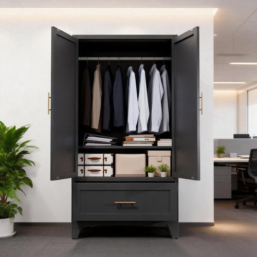 Arch Wardrobe 60 in Graphite with doors open in an office, clothes on the hanging rod