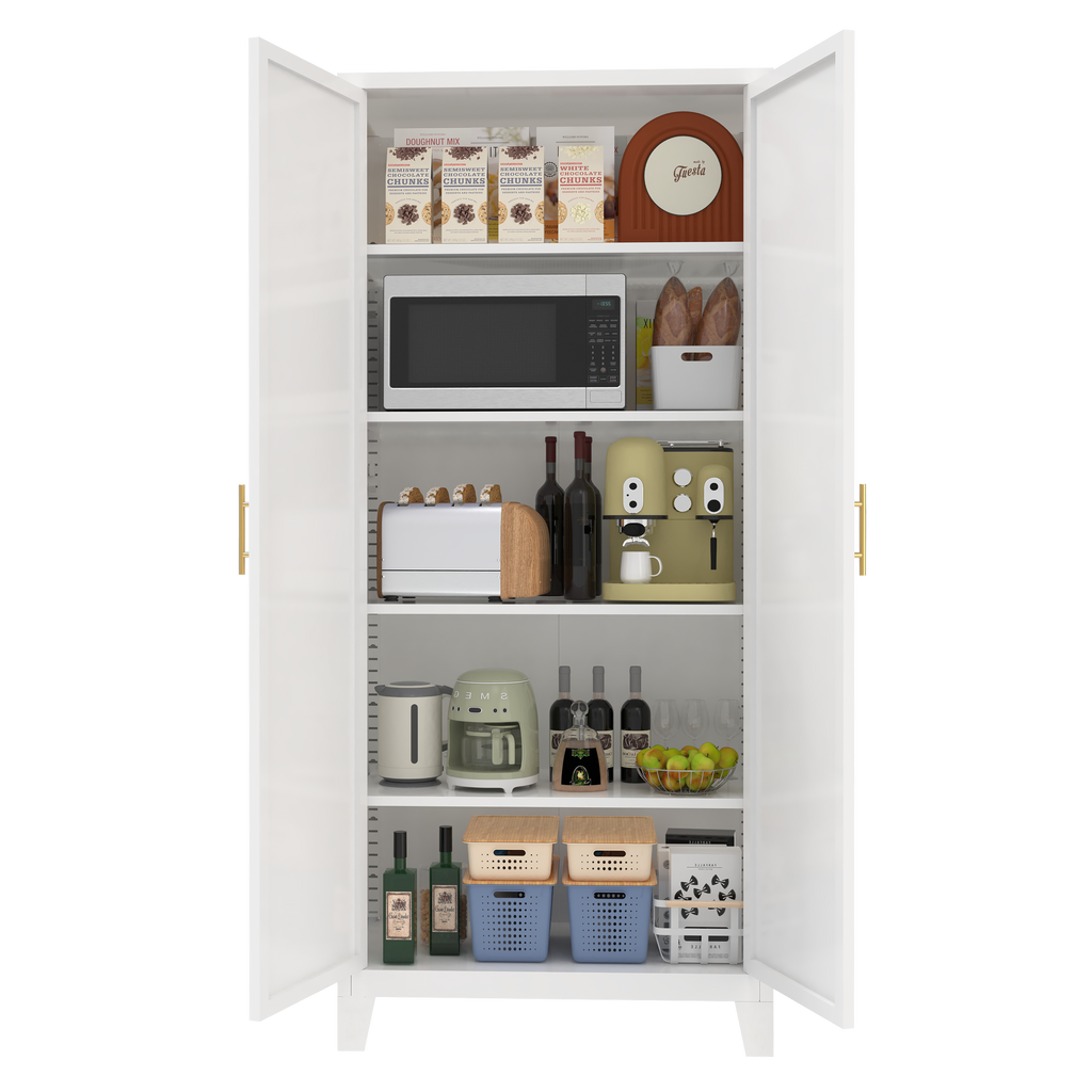 Little Arch 71 cabinet in Chalk used as a pantry, shelves holding a microwave, jars and kitchen supplies