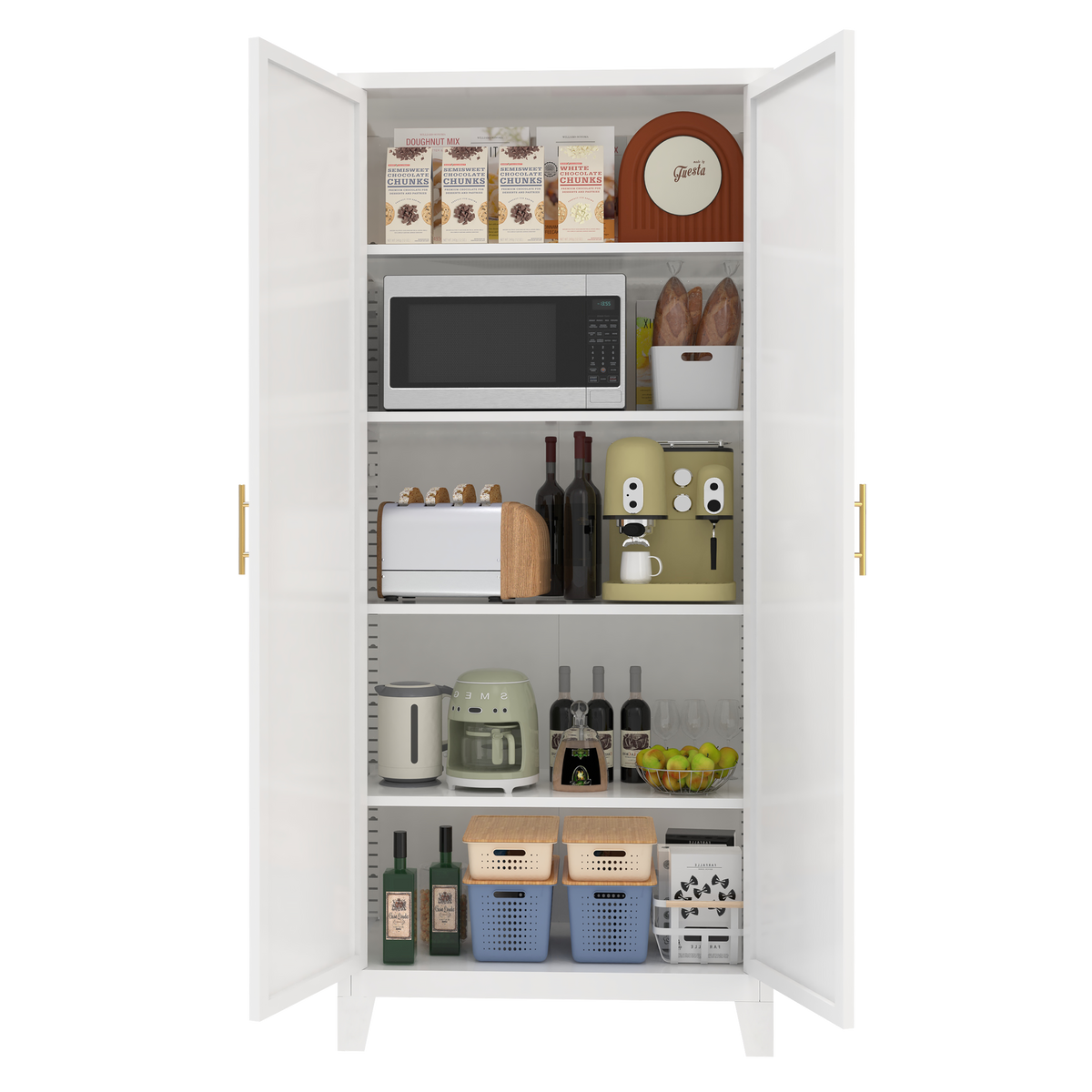 Little Arch 71 cabinet in Chalk used as a pantry, shelves holding a microwave, jars and kitchen supplies