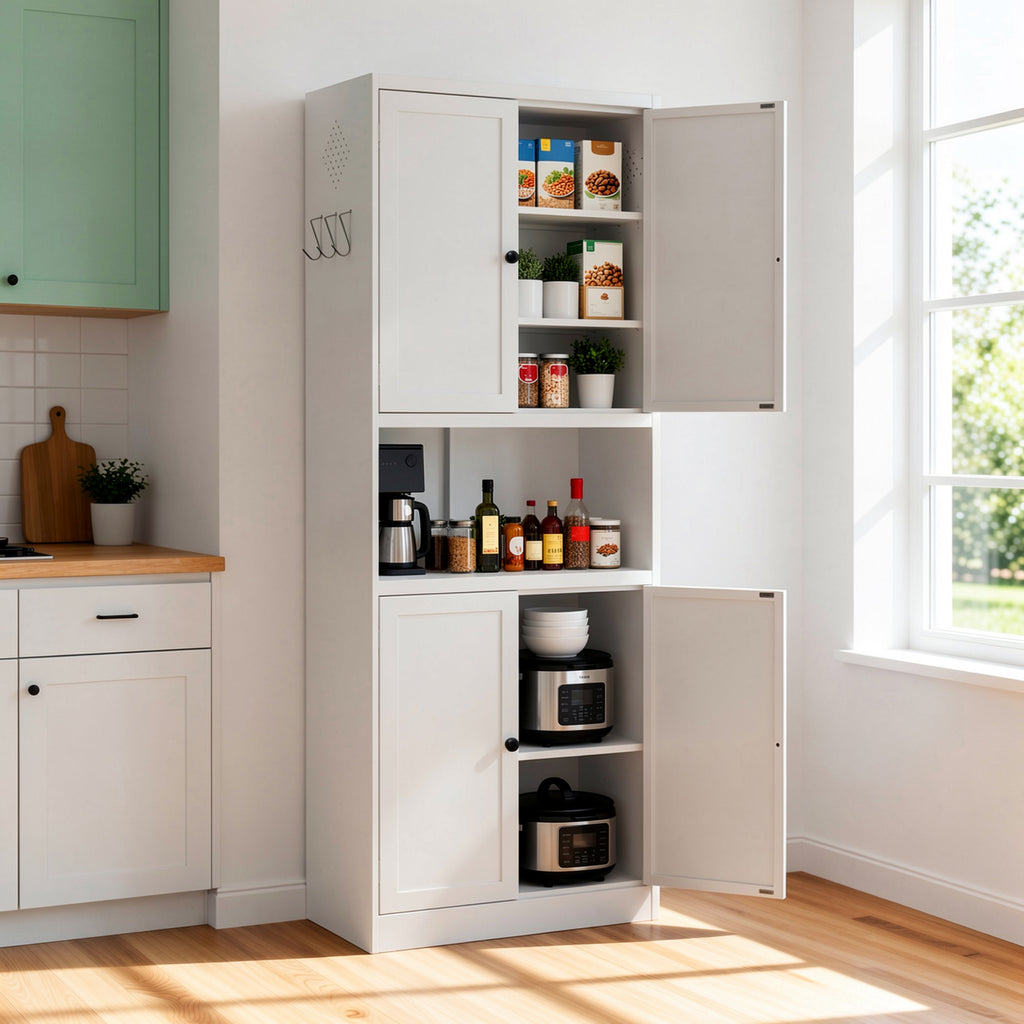 Pantry Hutch 72 in Chalk in a kitchen next to green cabinets, doors open