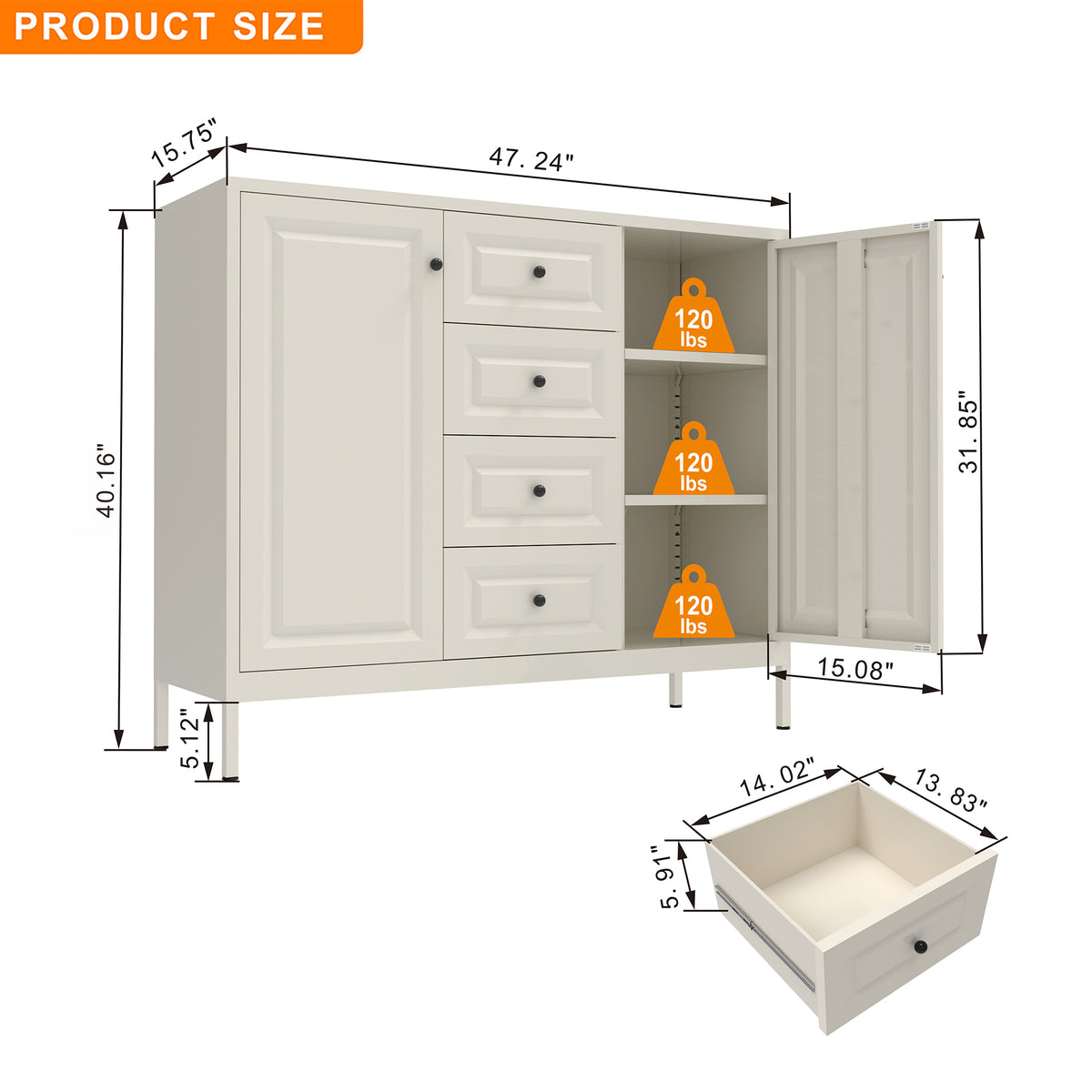 Sideboard 40 dimension diagram: 47.24 in wide, 15.75 in deep, 40.16 in tall; the manufacturer rates each shelf for 120 lb