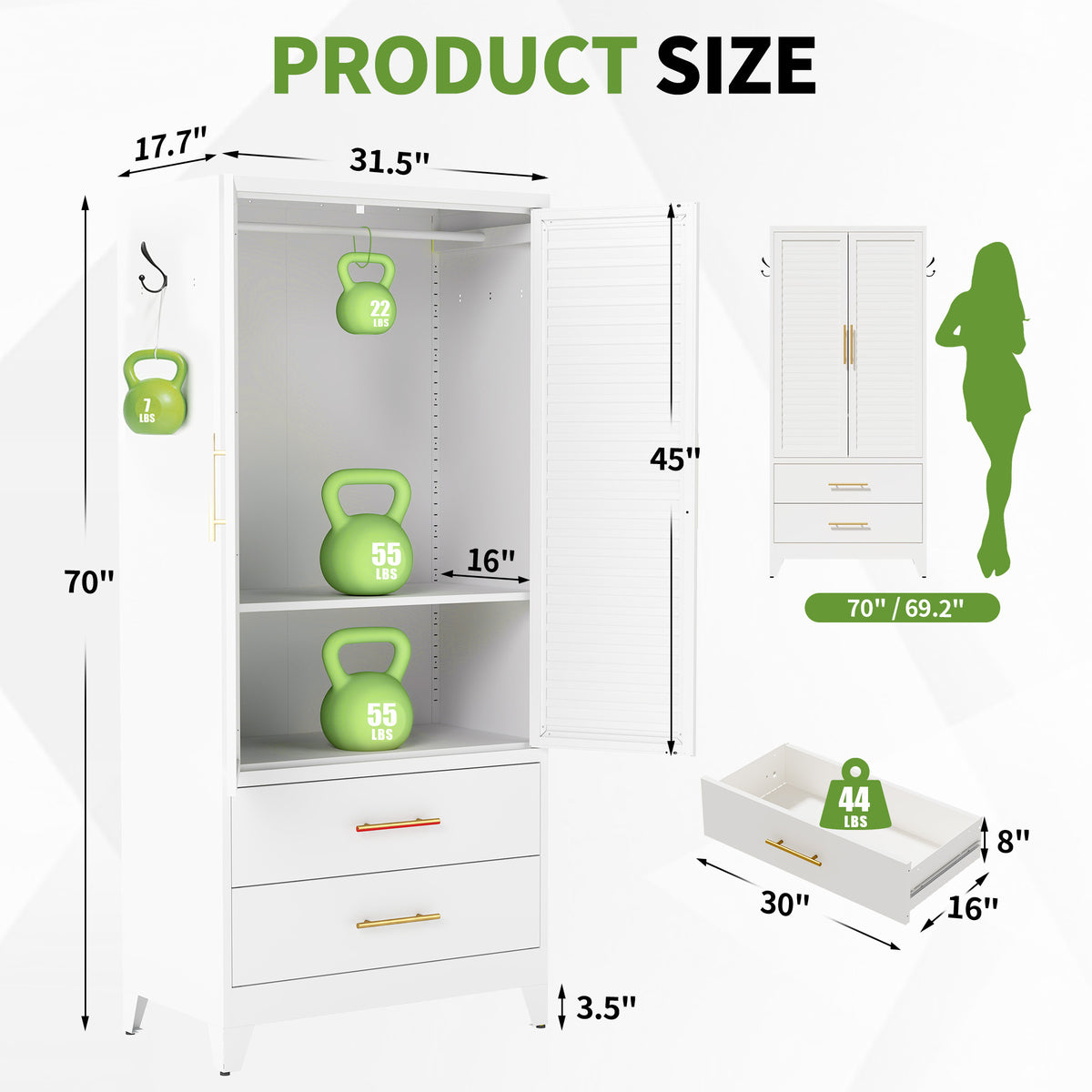 Louvered Wardrobe 71 size diagram showing the hanging space, the shelf and the drawers