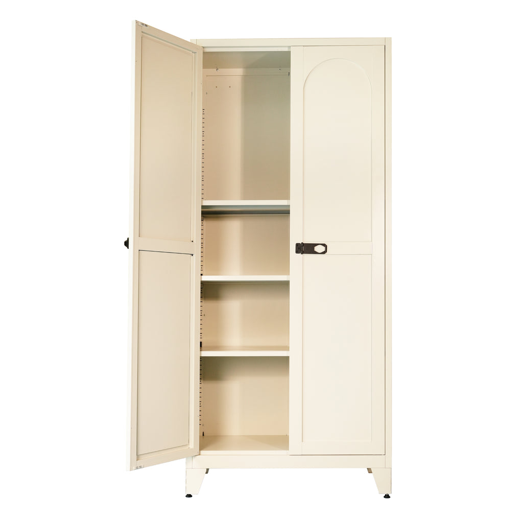 Little Arch 71 cabinet in Oat with both doors open, showing empty adjustable shelves