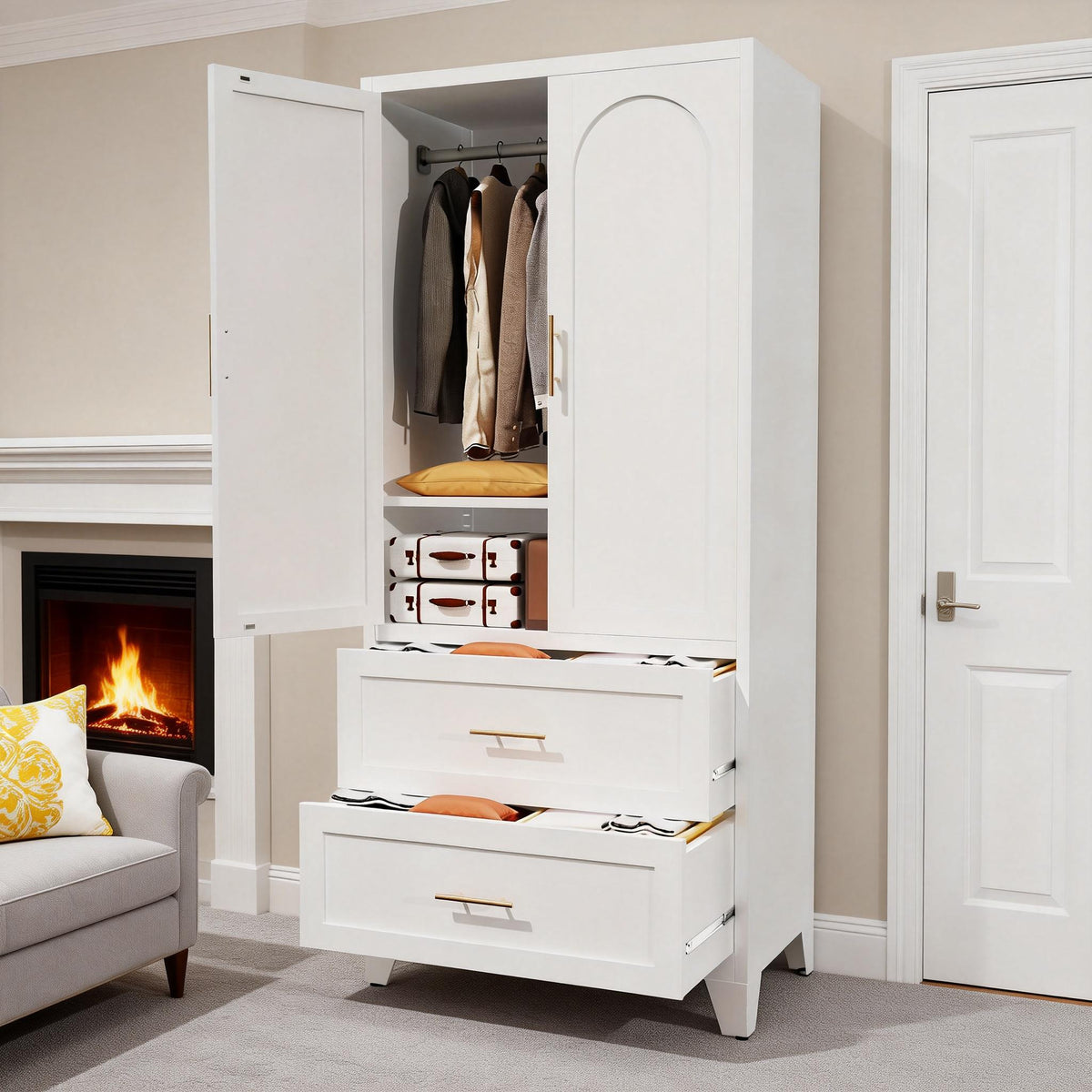 Arch Wardrobe 71 with doors and drawers open in a living room with a fireplace