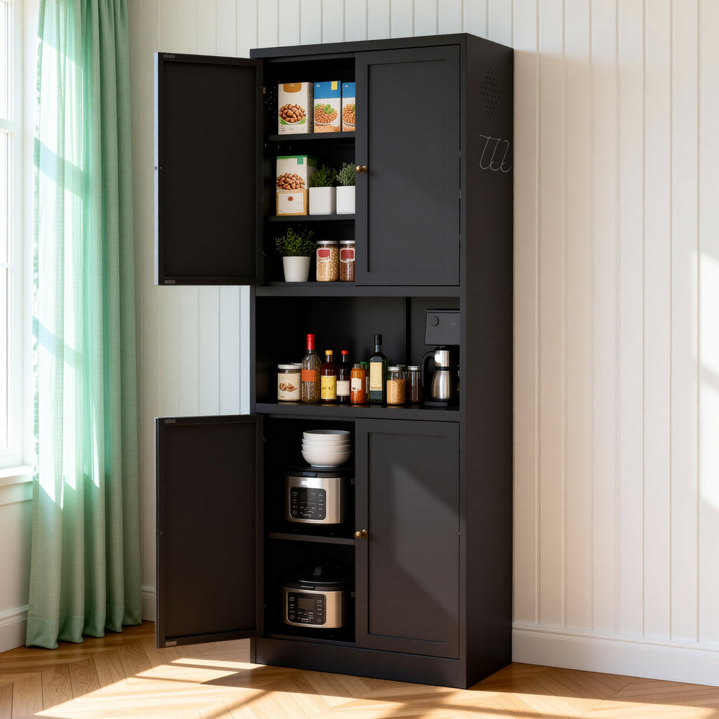 Pantry Hutch 72 in Graphite beside a window with the doors open, holding food, spices and small appliances