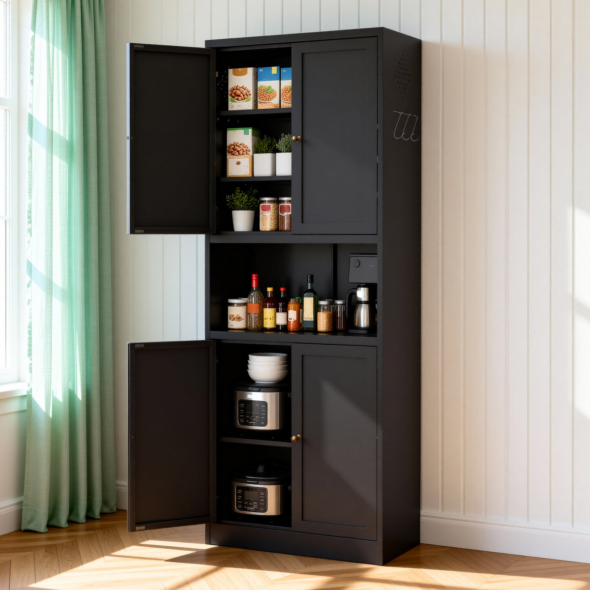 Pantry Hutch 72 in Graphite beside a window with the doors open, holding food, spices and small appliances