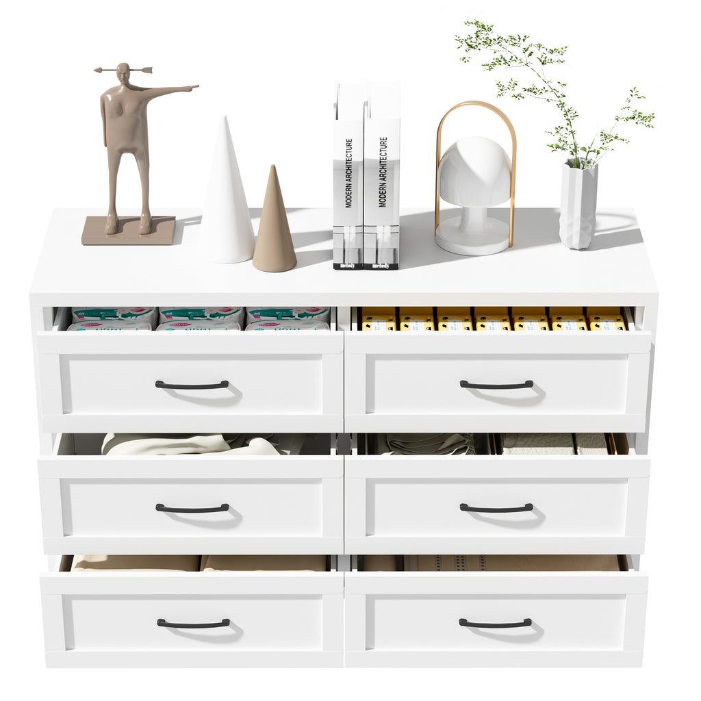 6-Drawer Dresser with all six drawers open, holding folded clothes