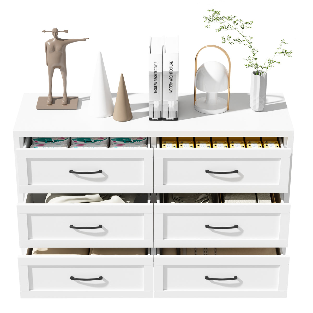 6-Drawer Dresser with all six drawers open, holding folded clothes