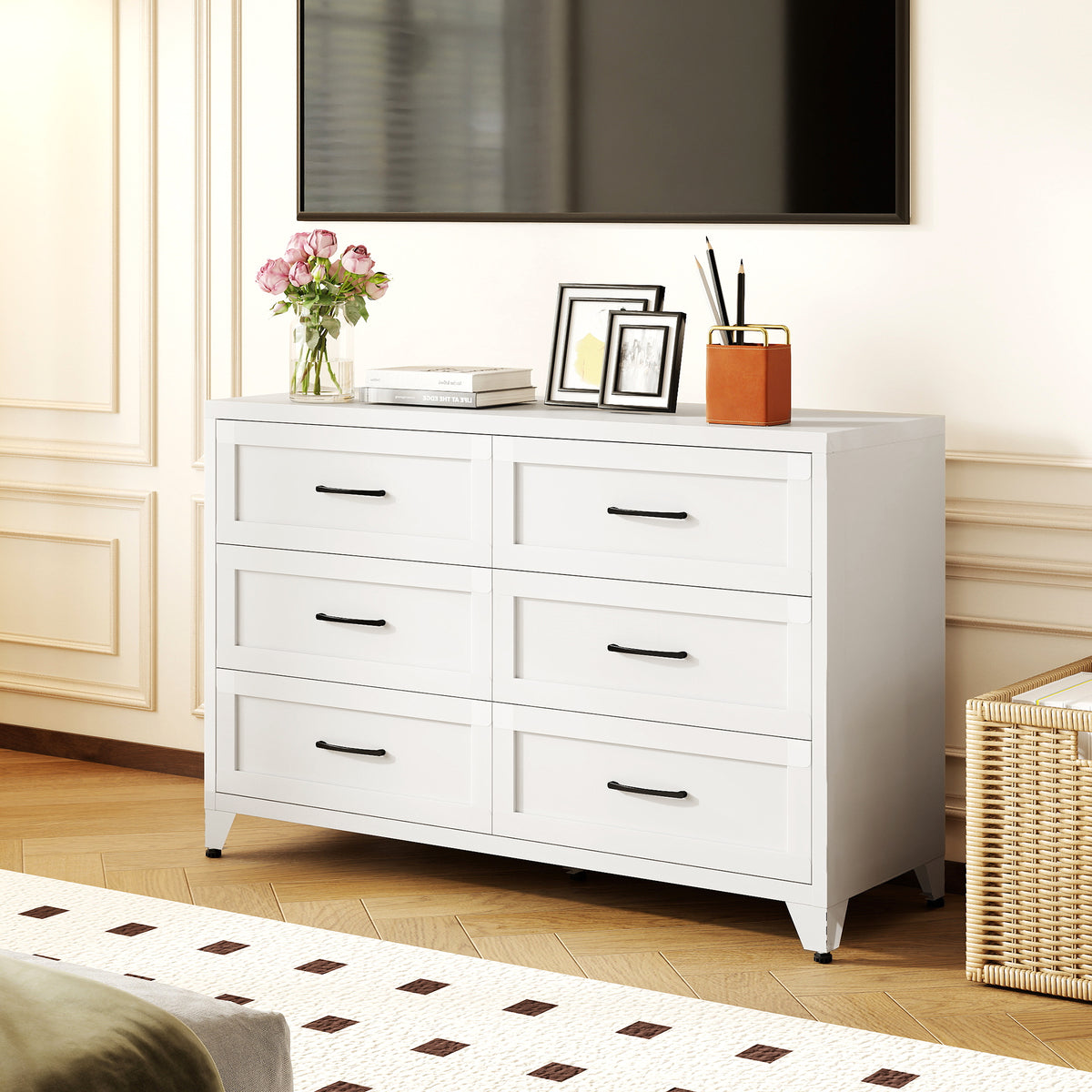 6-Drawer Dresser under a wall-mounted TV