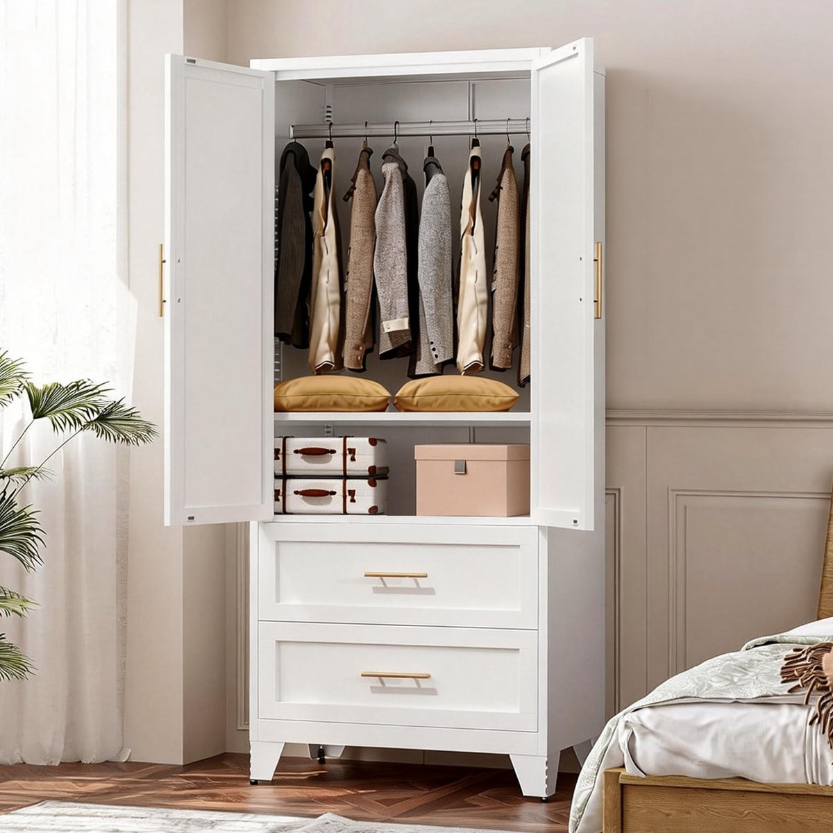 Arch Wardrobe 71 in a bedroom with doors open, clothes on the hanging rod