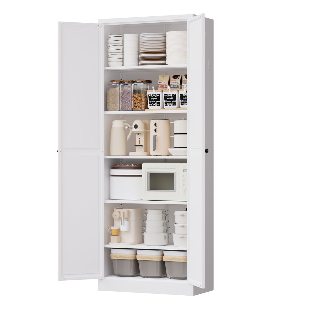 Pantry 72, angled view with doors open and shelves stocked with kitchen supplies