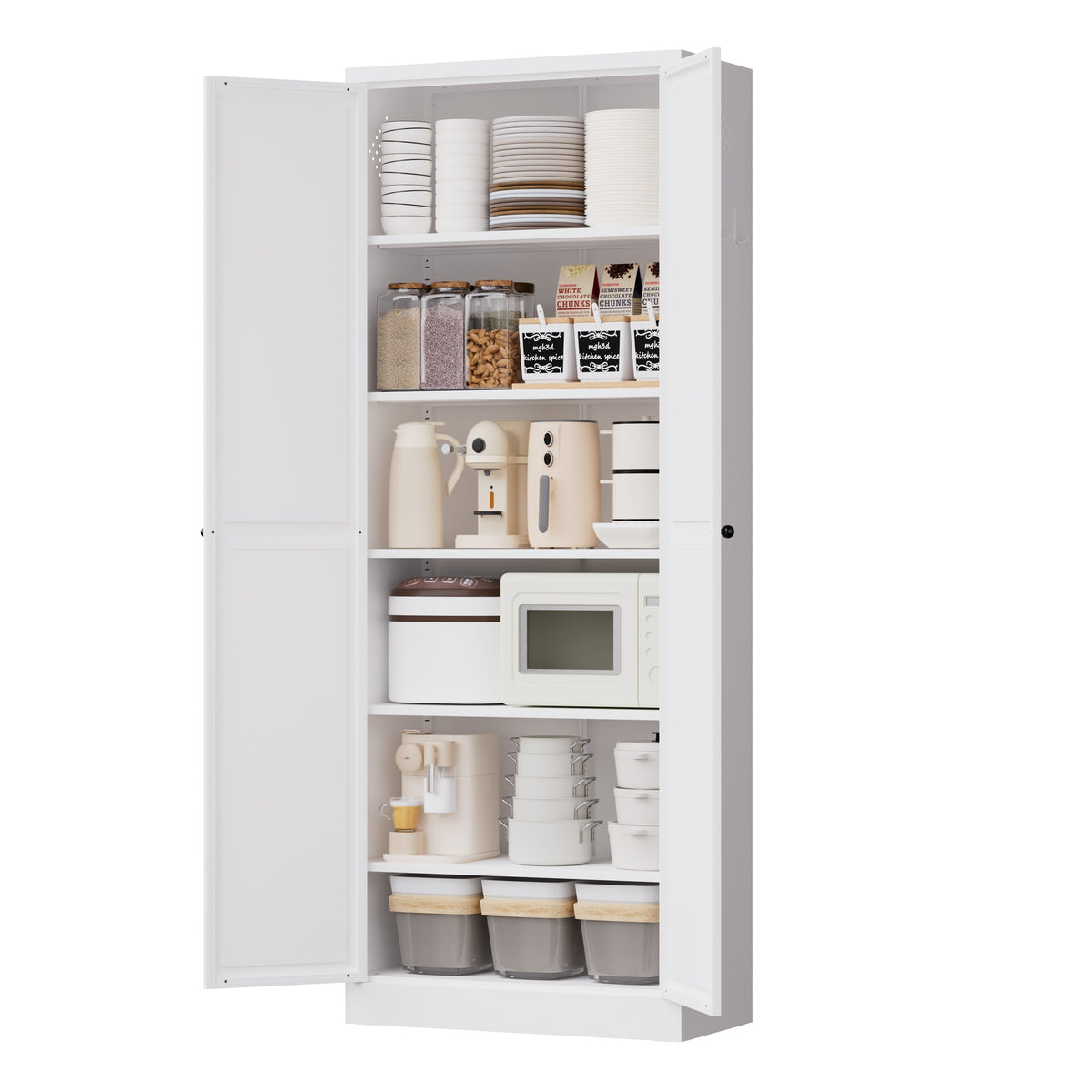 Pantry 72, angled view with doors open and shelves stocked with kitchen supplies
