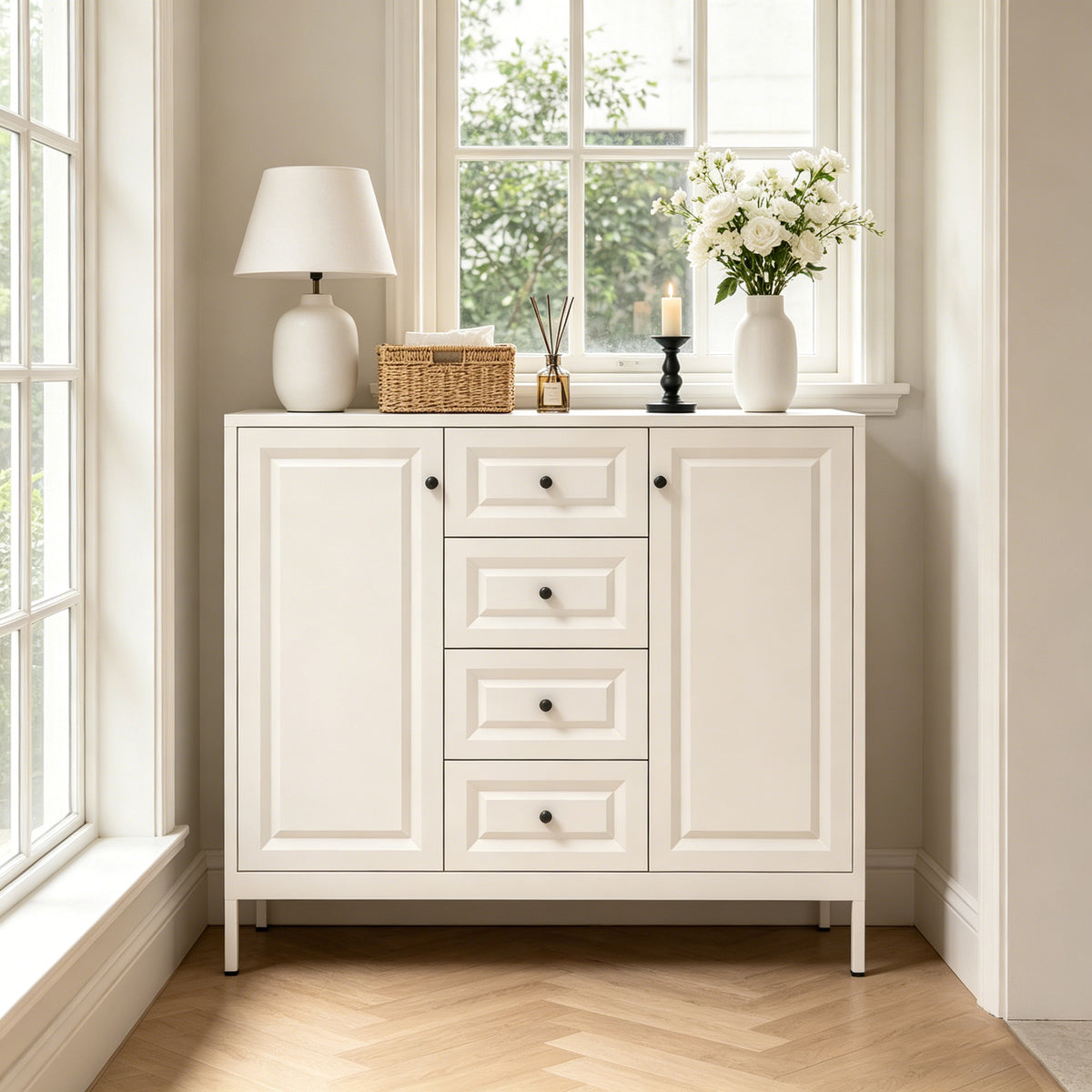Sideboard 40 under a window with a lamp and flowers on top