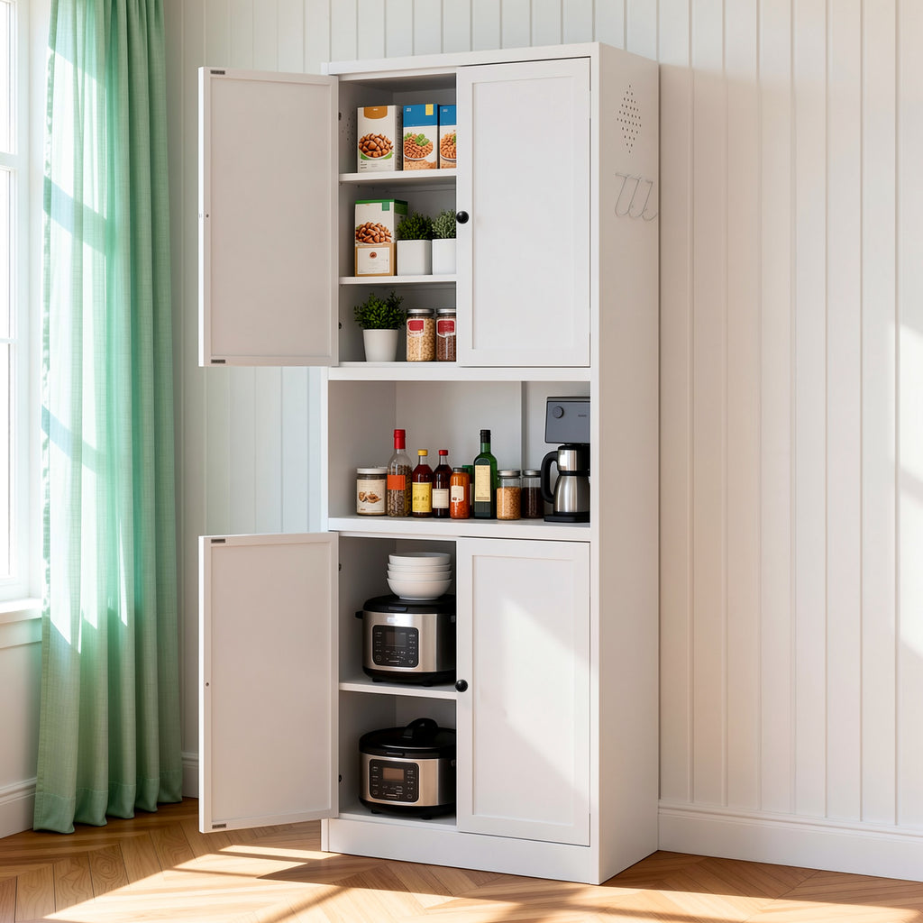 Pantry Hutch 72 in Chalk beside a window with the doors open, holding food, spices and small appliances