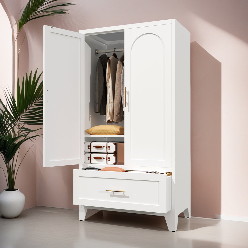Arch Wardrobe 60 with doors open in a room with a pink wall