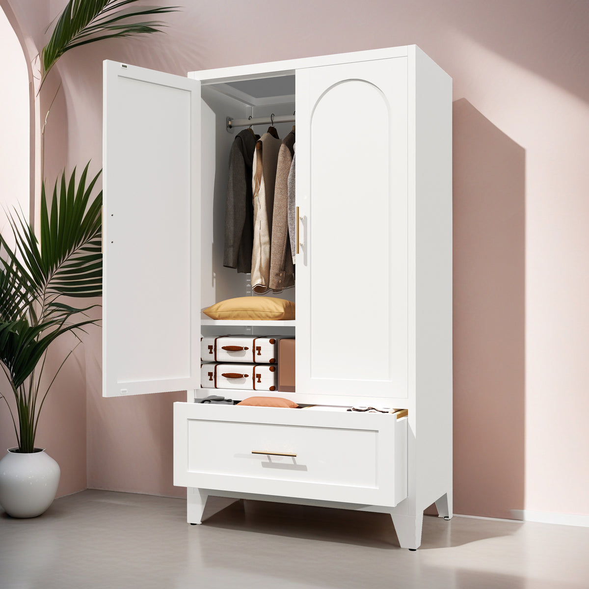 Arch Wardrobe 60 with doors open in a room with a pink wall