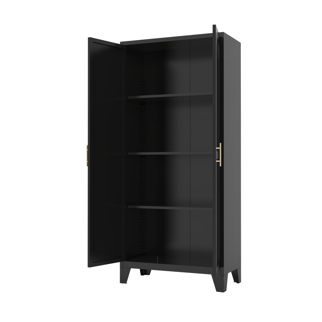 Little Arch 71 cabinet in Graphite with both doors open, showing empty adjustable shelves
