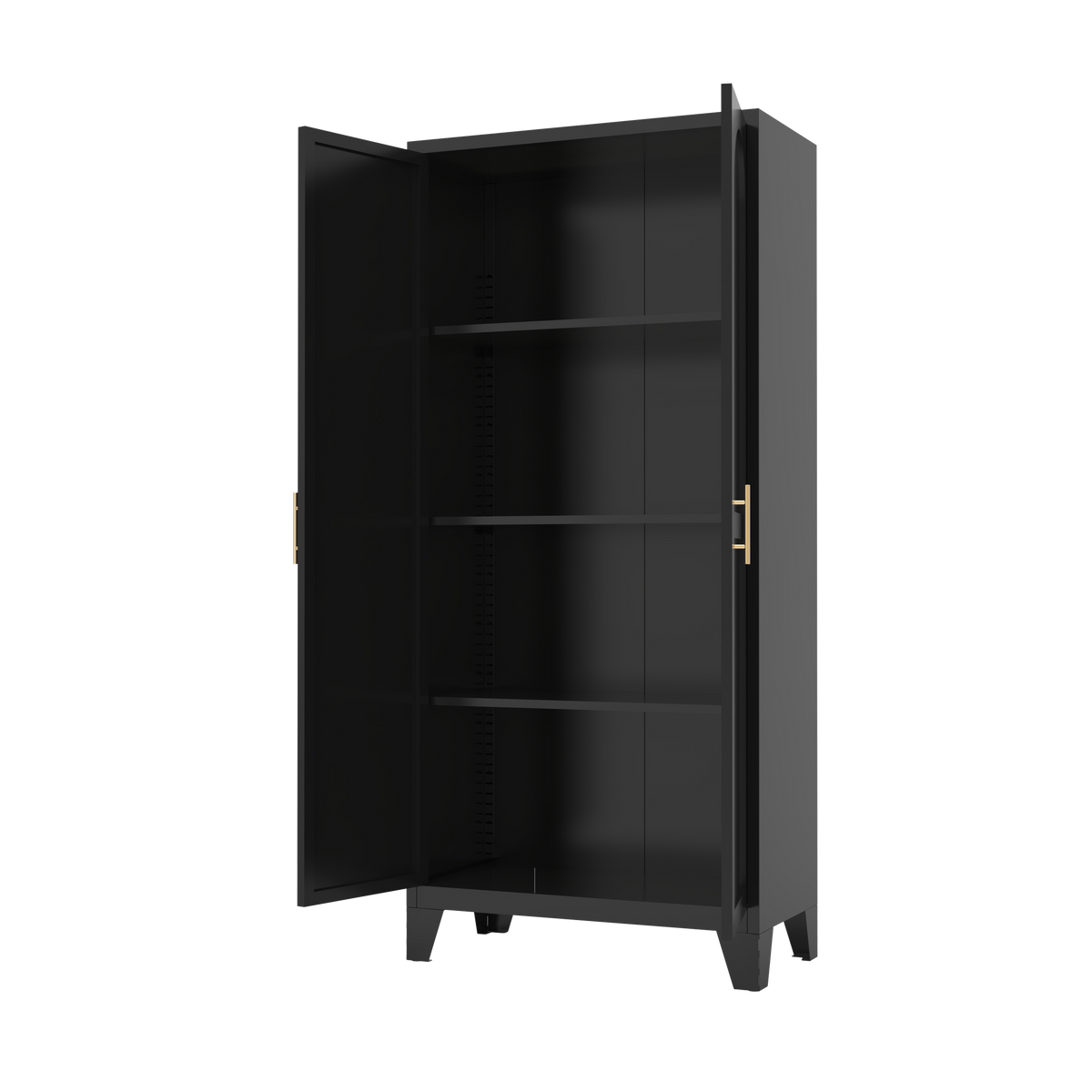 Little Arch 71 cabinet in Graphite with both doors open, showing empty adjustable shelves