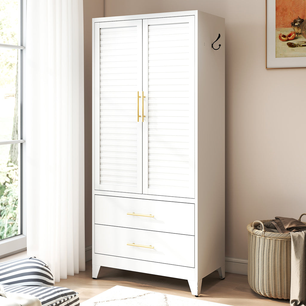 Louvered Wardrobe 71 in Chalk by a window, doors closed