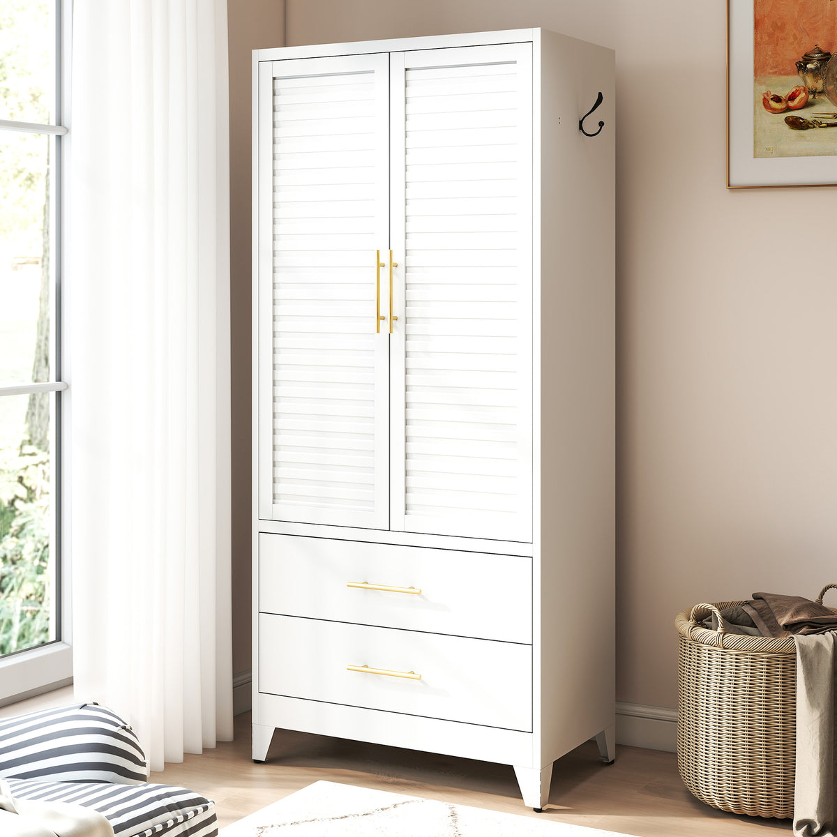 Louvered Wardrobe 71 in Chalk by a window, doors closed