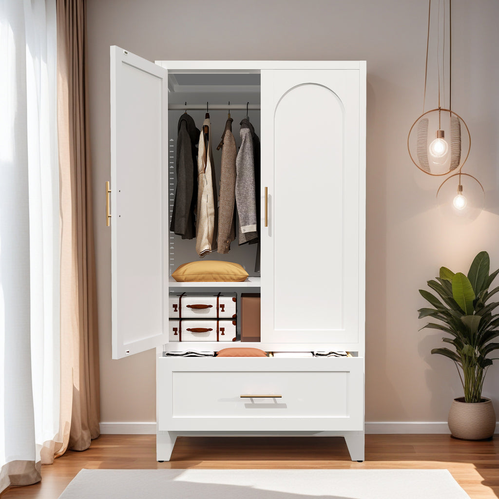 Arch Wardrobe 60 in a bedroom with doors open, showing hanging clothes, a shelf and a drawer