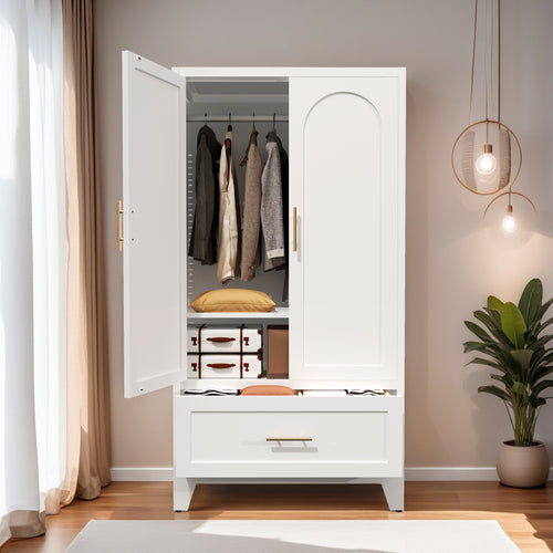 Arch Wardrobe 60 in a bedroom with doors open, showing hanging clothes, a shelf and a drawer