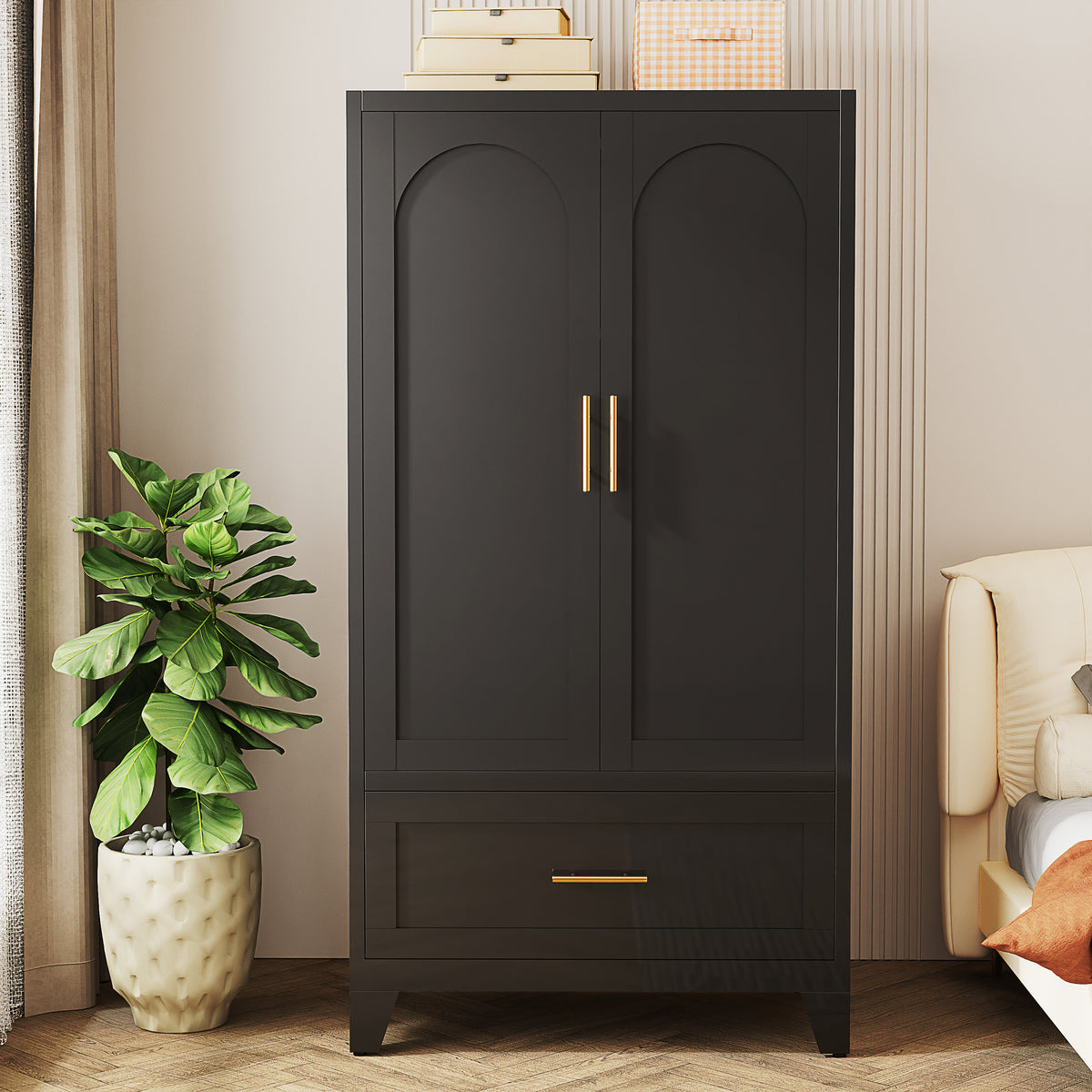 Arch Wardrobe 60 in Graphite in a bedroom corner, doors closed