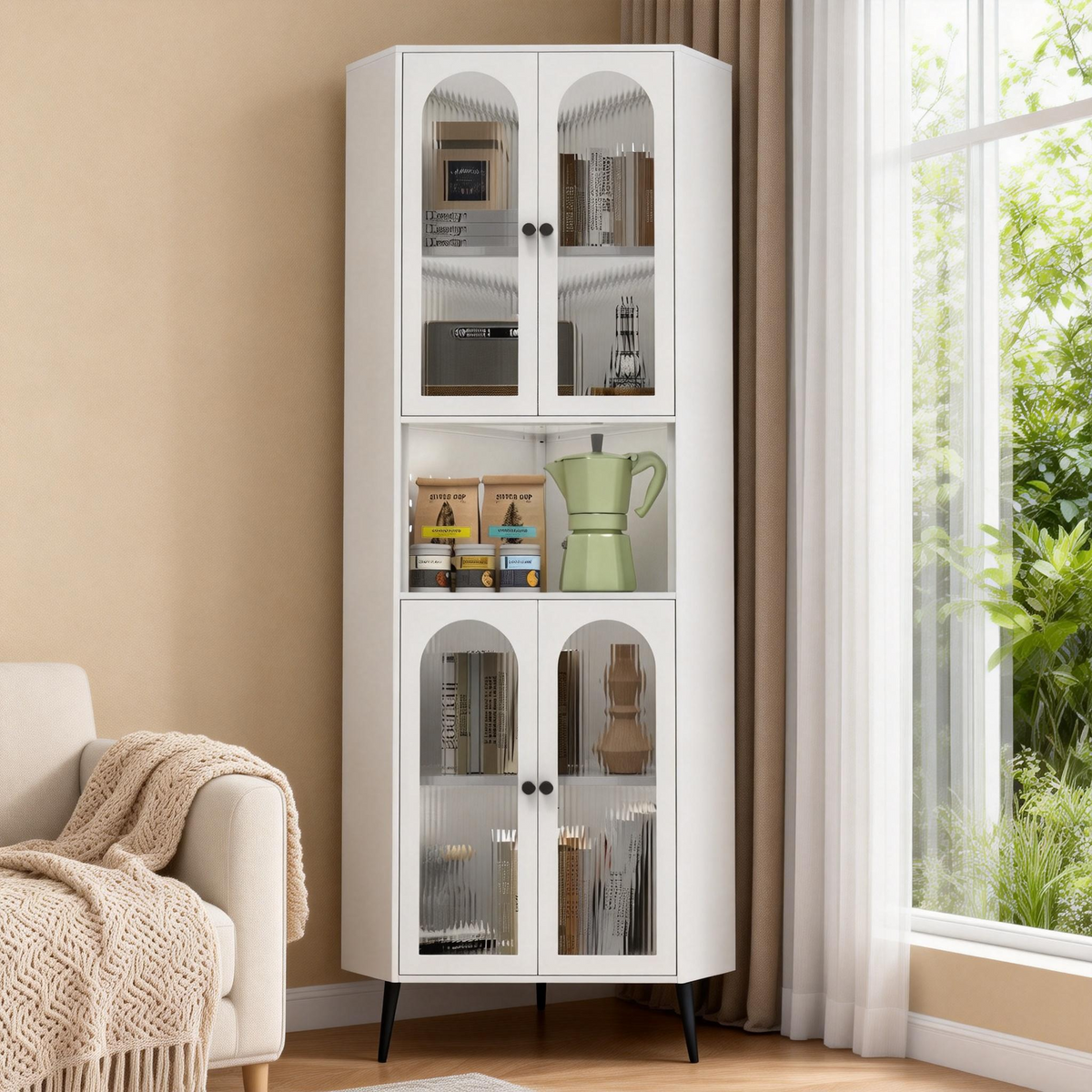 Arch Corner Cabinet 71 in Chalk in a sunlit corner, doors closed
