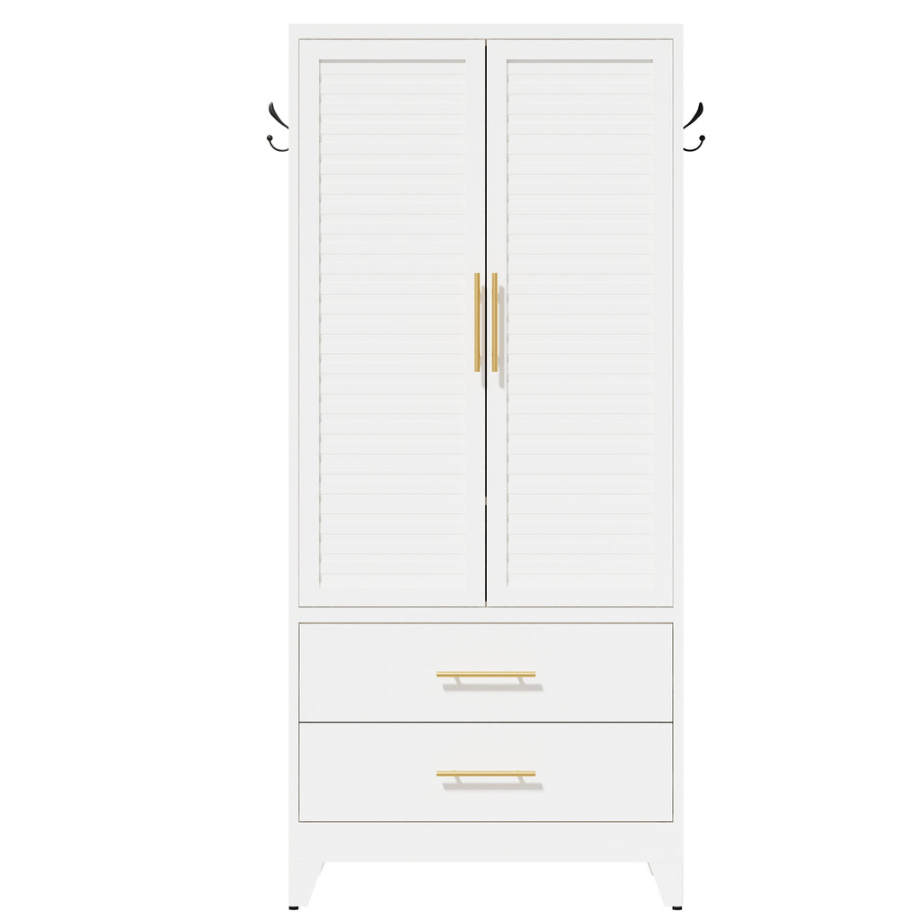 Louvered Wardrobe 71 in Chalk, front view with the doors closed