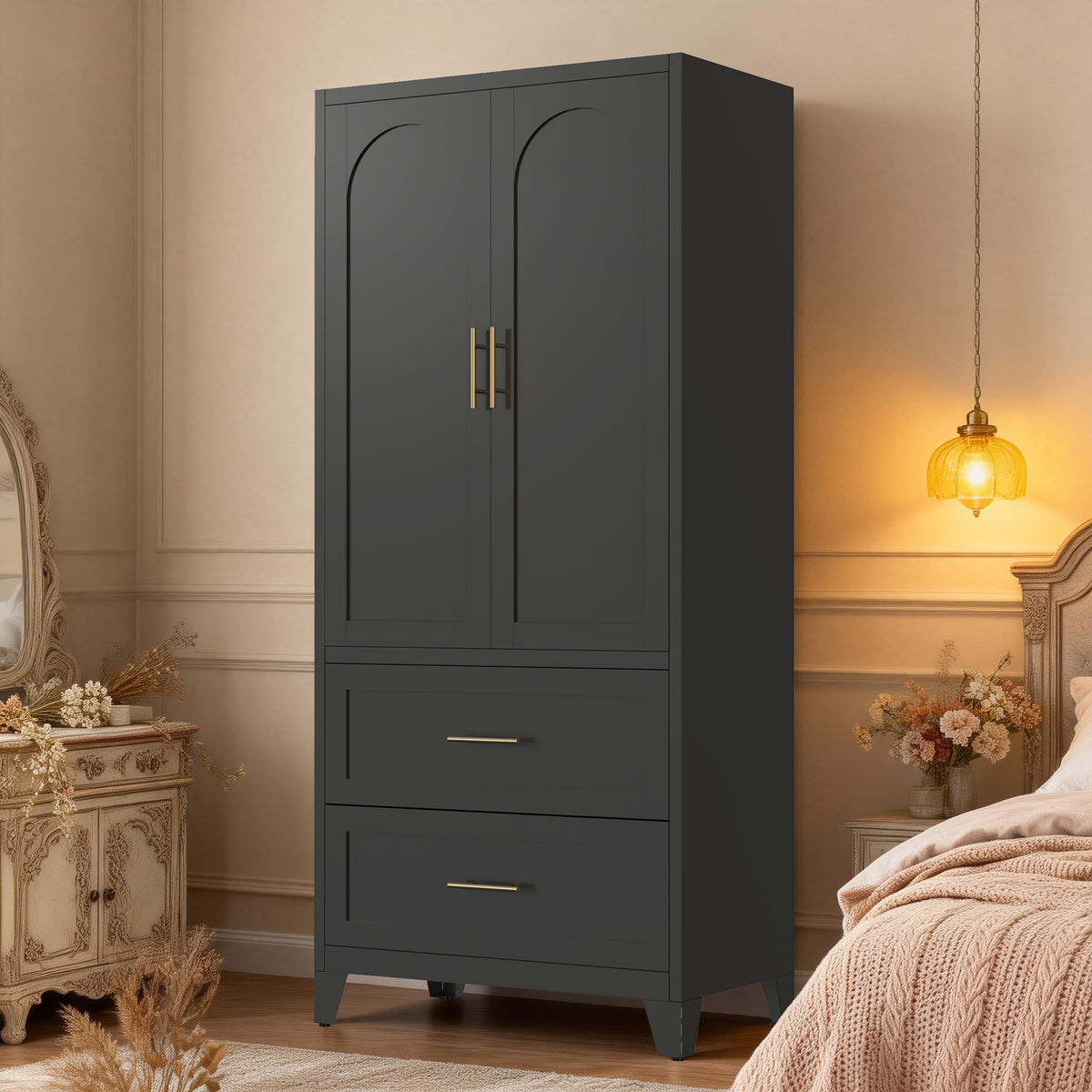 Arch Wardrobe 71 in Graphite in a bedroom, arched doors closed