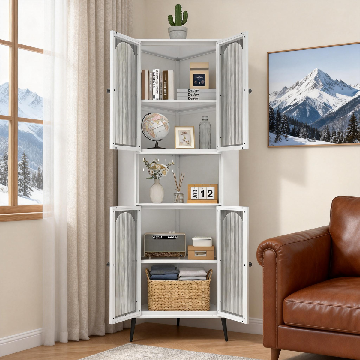 Arch Corner Cabinet 71 with all four arched doors open, shelves holding books and decor