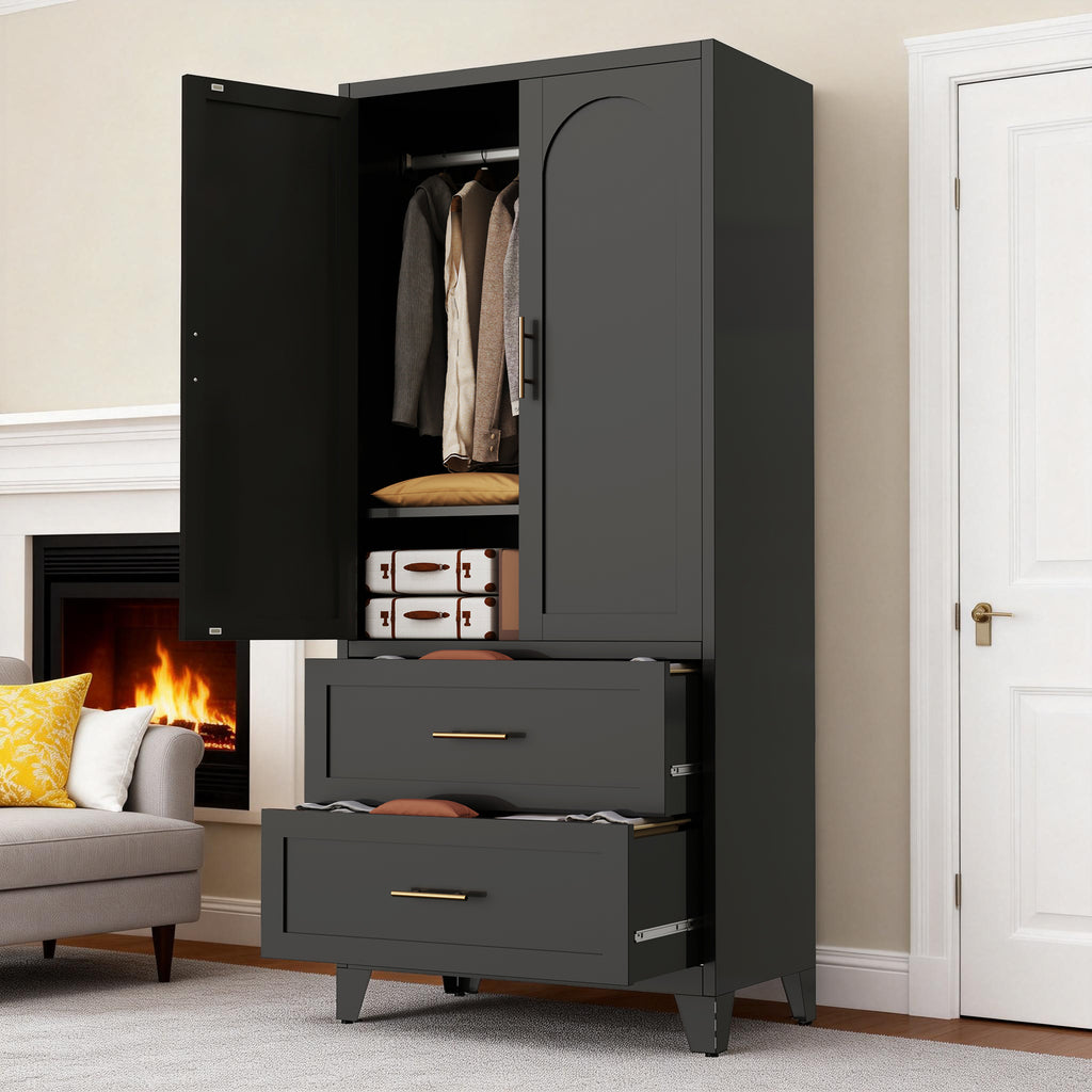 Arch Wardrobe 71 in Graphite with doors and drawers open in a living room with a fireplace