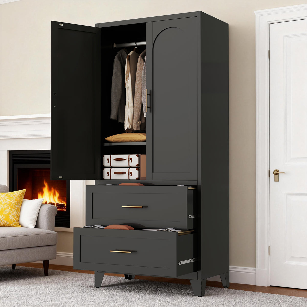 Arch Wardrobe 71 in Graphite with doors and drawers open in a living room with a fireplace